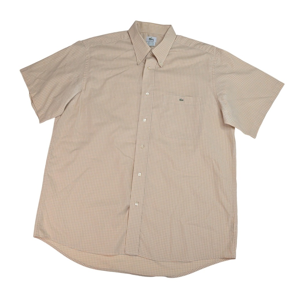 Lacoste Gingham Shirt Mens 42 L Orange White Short Sleeve Cotton Logo